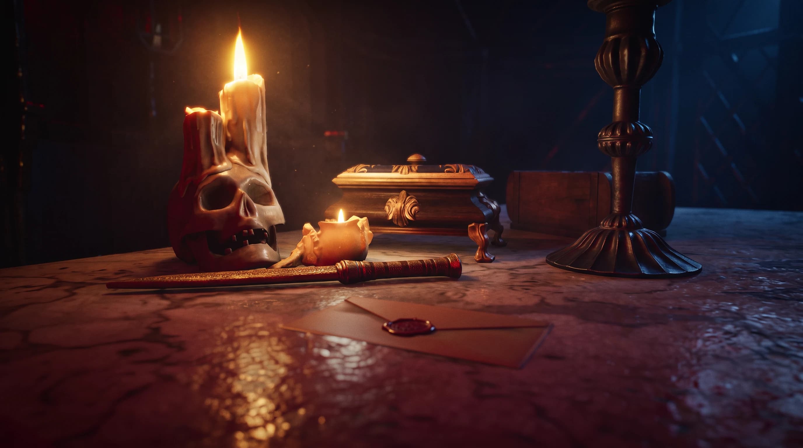 A sealed letter, blade and reliquary arranged by candlelight