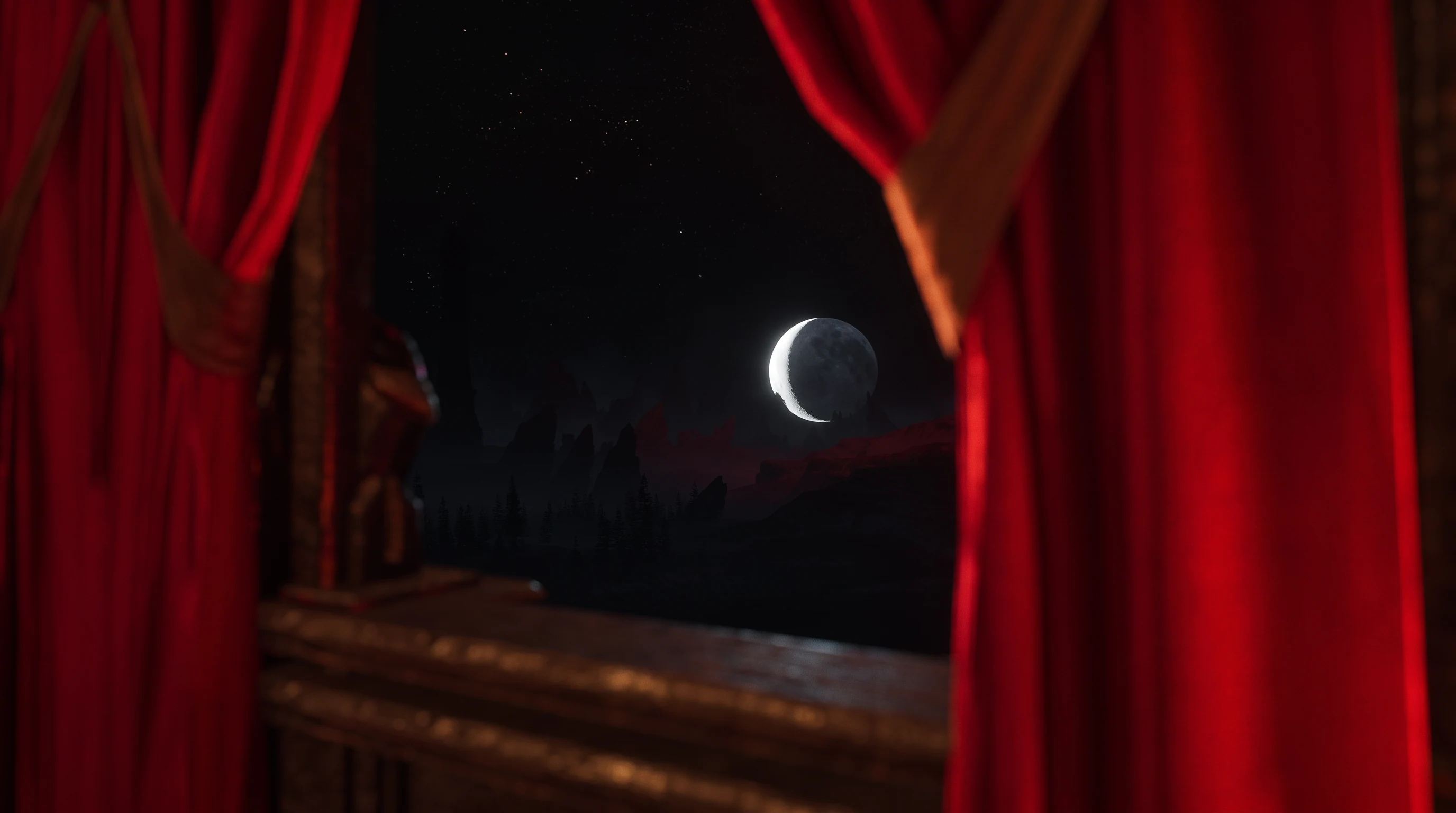 A moonlit landscape framed by deep red curtains